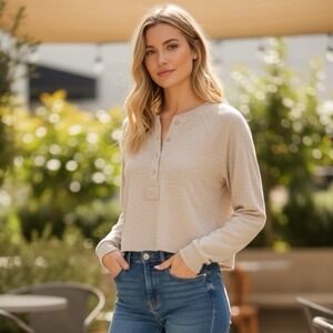 BP. Cropped Henley Long Sleeve Sweater Pull-Over, Women's, Color Beige, Size XS